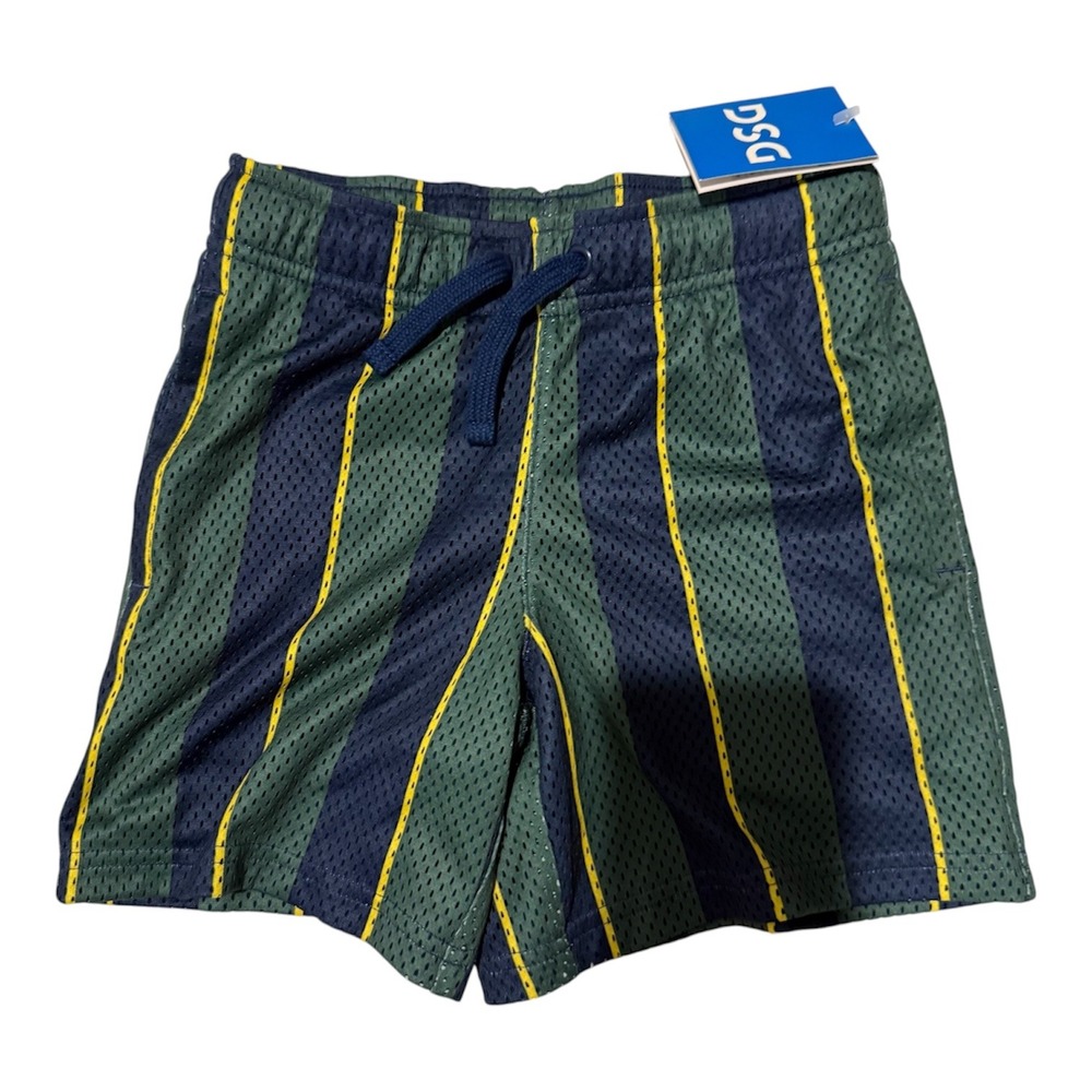 DSG Boys Mesh Gym Shorts XS Green Navy Yellow Striped Athletic Fit 6in Inseam